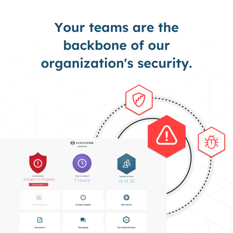 The ShadowHQ dashboard for incident response with various icons surrounding it, and the quote overtop: "Your teams are the backbone of our organization's security."